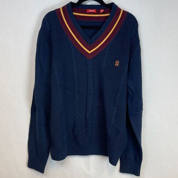 Vintage IZOD Sweater Men's XL Blue Chunky Cable Knit Wool Blend V Neck Pullover - Picture 1 of 12